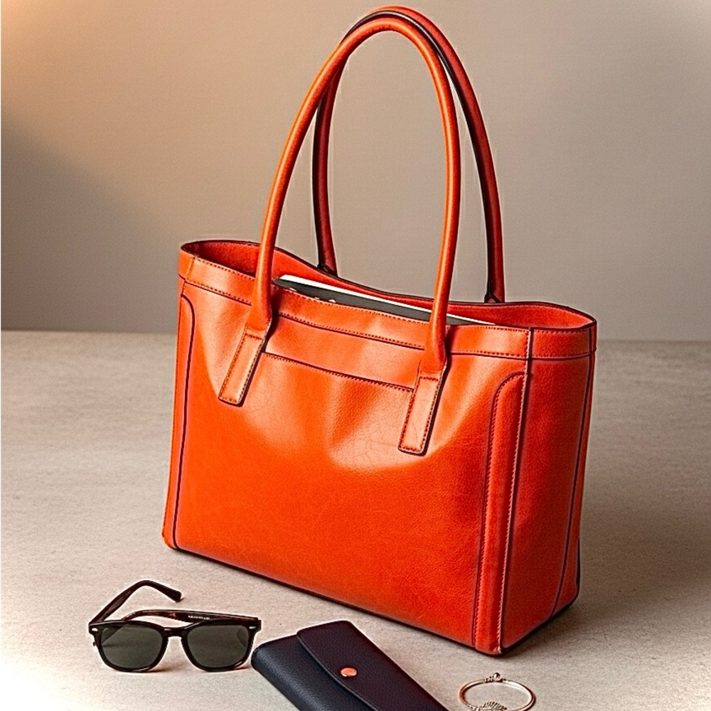 Merona Burnt Orange Faux Leather Multi-Pocket Tote Bag